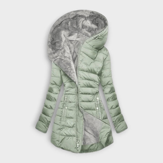 Effortless Sage Green Puffer Jacket for Women with High Neck Long Sleeve Quilted Fur Lined Casual Style