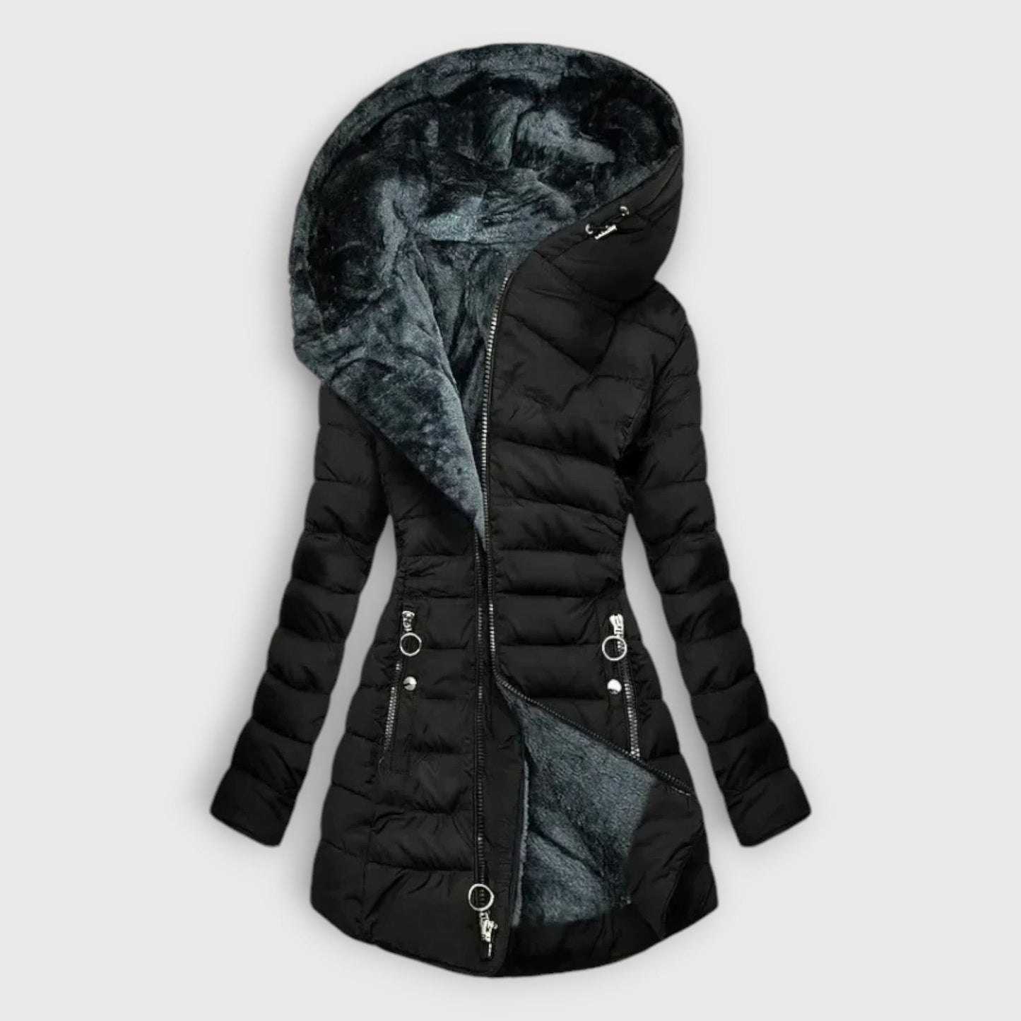 Effortless Sage Green Puffer Jacket for Women with High Neck Long Sleeve Quilted Fur Lined Casual Style