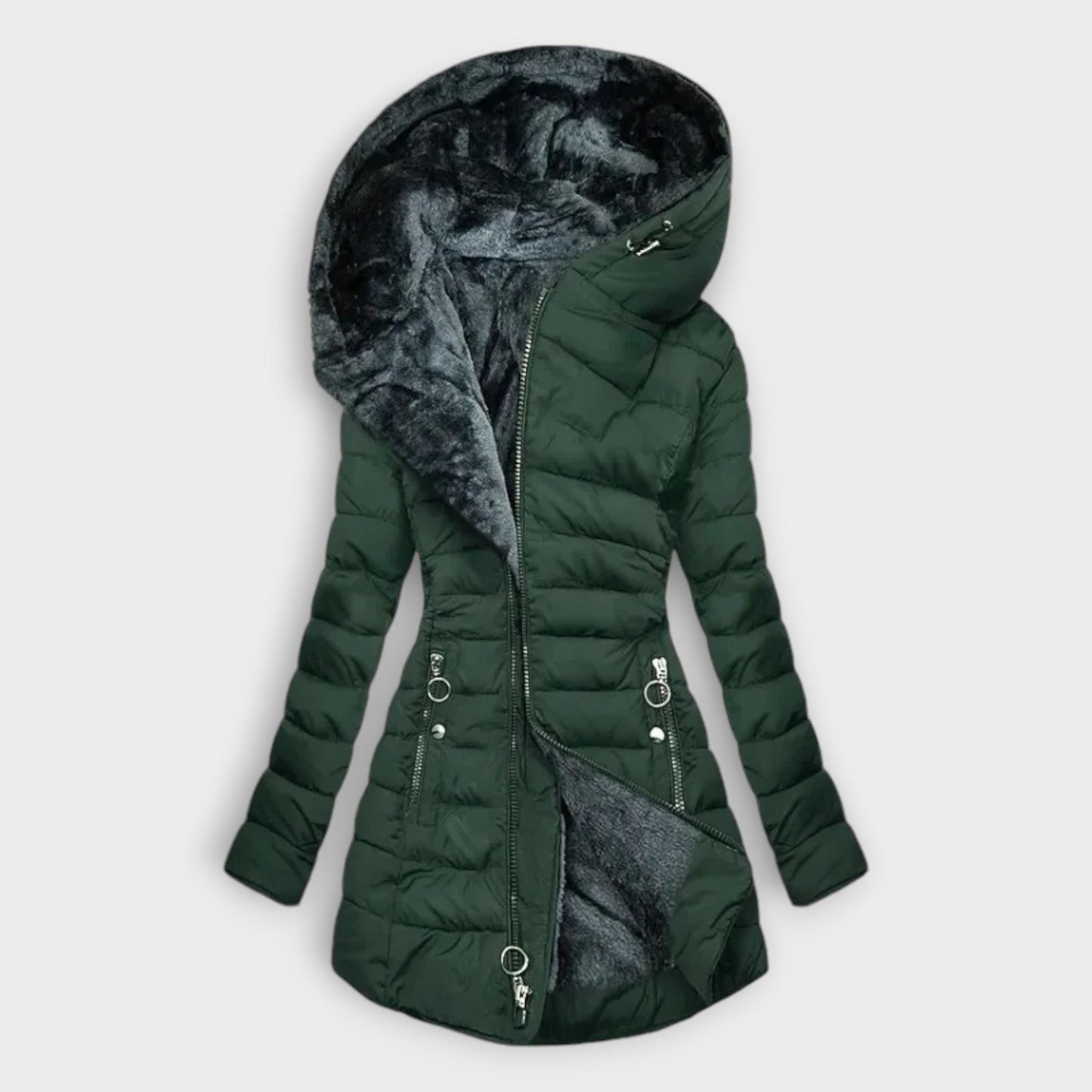 Effortless Sage Green Puffer Jacket for Women with High Neck Long Sleeve Quilted Fur Lined Casual Style