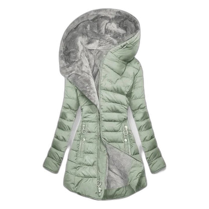 Effortless Sage Green Puffer Jacket for Women with Long Sleeve Quilted Fur Lined Casual Style