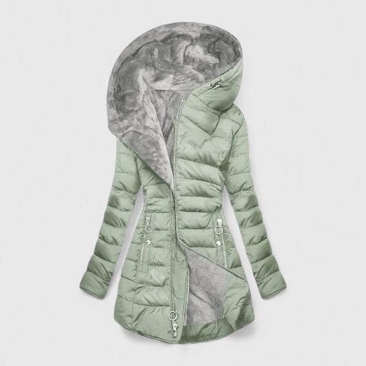 Effortless Sage Green Puffer Jacket for Women with Long Sleeve Quilted Fur Lined Casual Style
