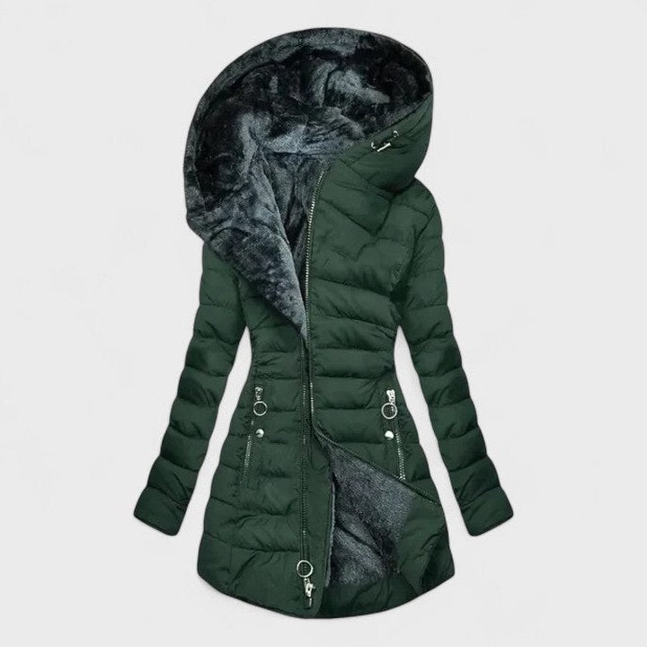 Effortless Sage Green Puffer Jacket for Women with Long Sleeve Quilted Fur Lined Casual Style