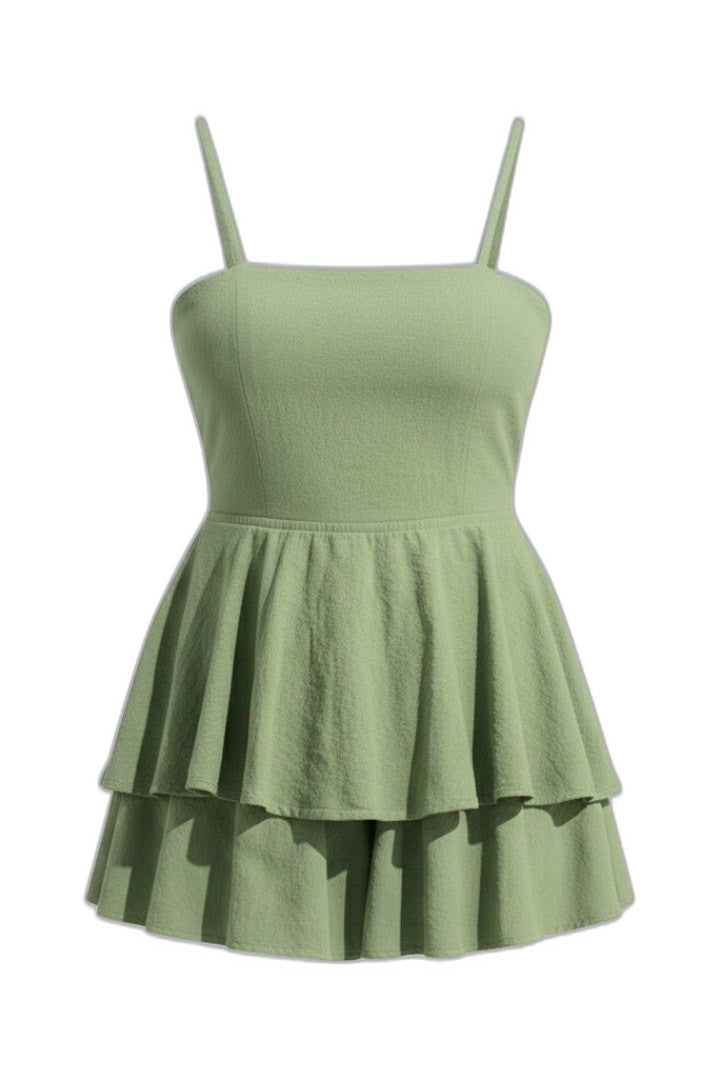 Effortless Sage Green Tank Top for Women with Square Neck Sleeveless Tiered Ruffle Peplum Casual Style