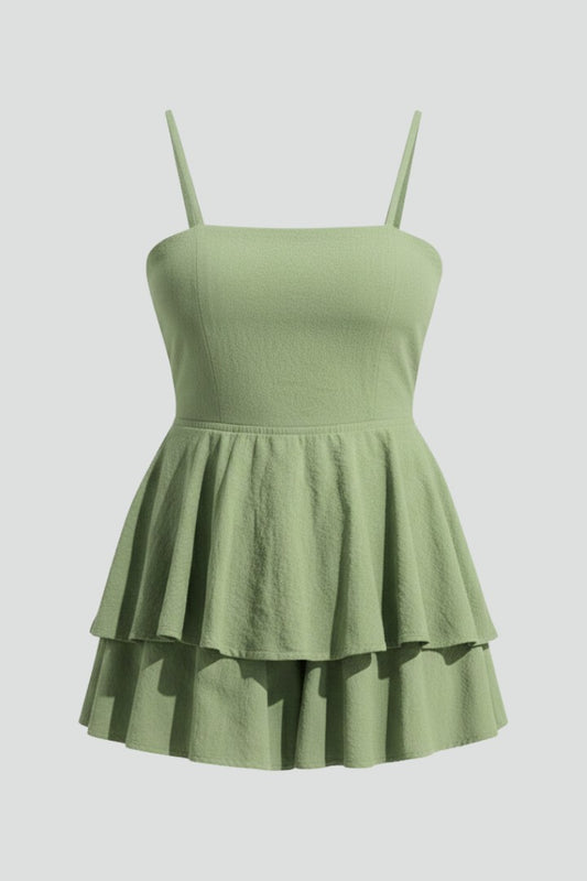 Effortless Sage Green Tank Top for Women with Square Neck Sleeveless Tiered Ruffle Peplum Casual Style