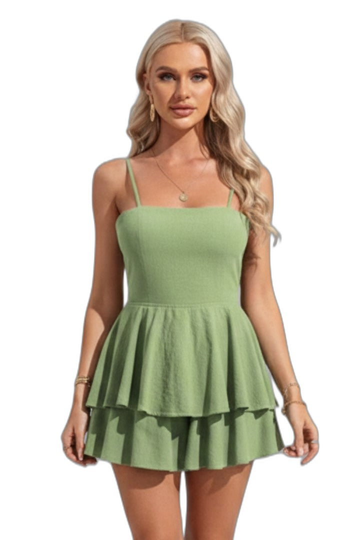 Effortless Sage Green Tank Top for Women with Square Neck Sleeveless Tiered Ruffle Peplum Casual Style