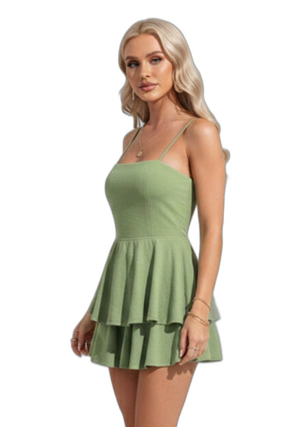 Effortless Sage Green Tank Top for Women with Square Neck Sleeveless Tiered Ruffle Peplum Casual Style