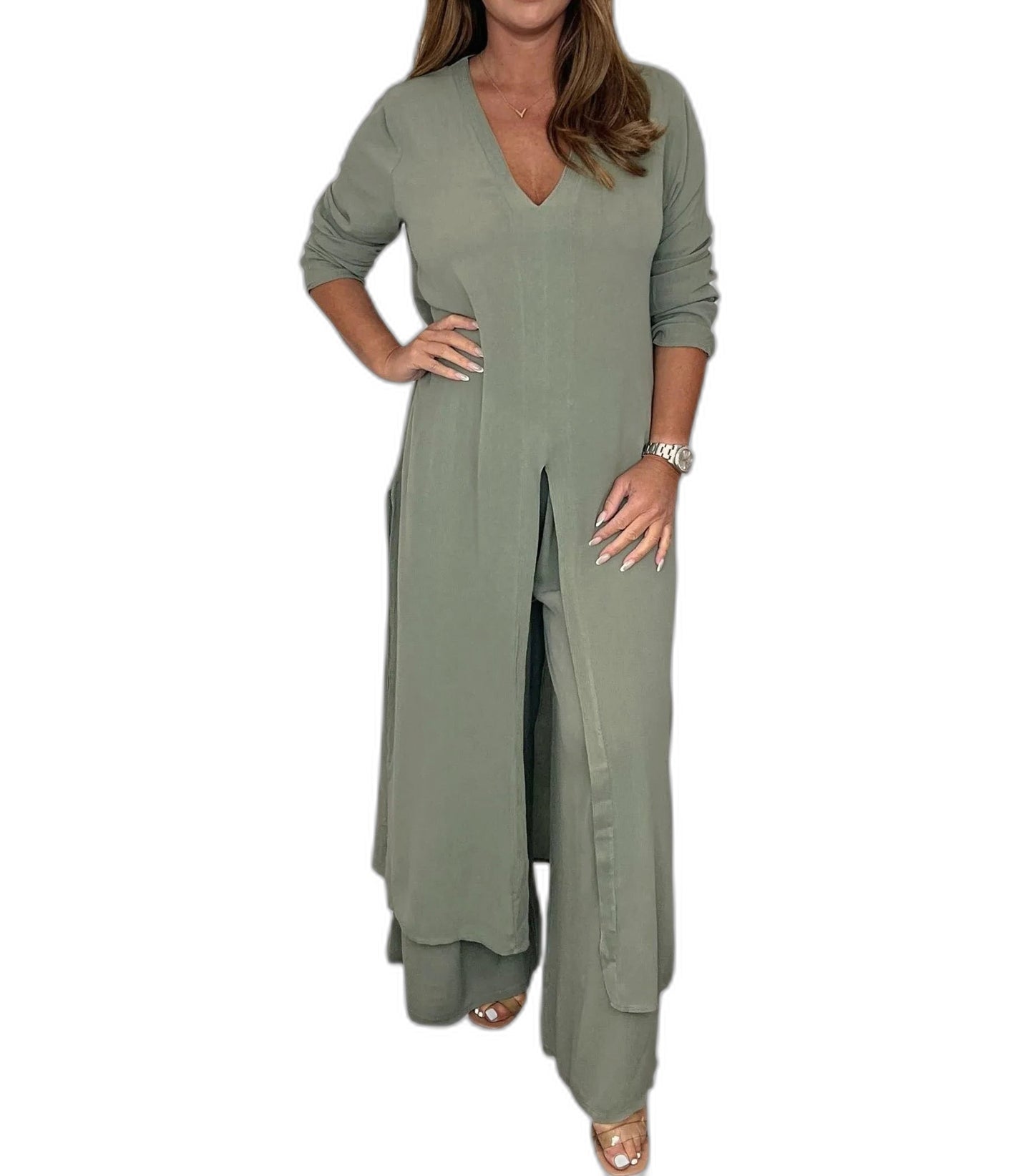 Effortless Sage Green Two Piece Set for Women with Straight Leg Casual Style