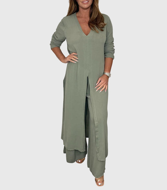 Effortless Sage Green Two Piece Set for Women with Straight Leg Casual Style