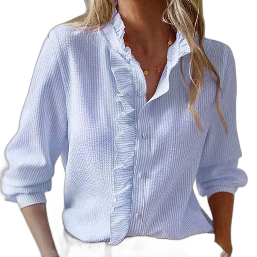 Effortless Striped Blouse for Women with Collared Long Sleeve Ruffle Button Front Casual Style