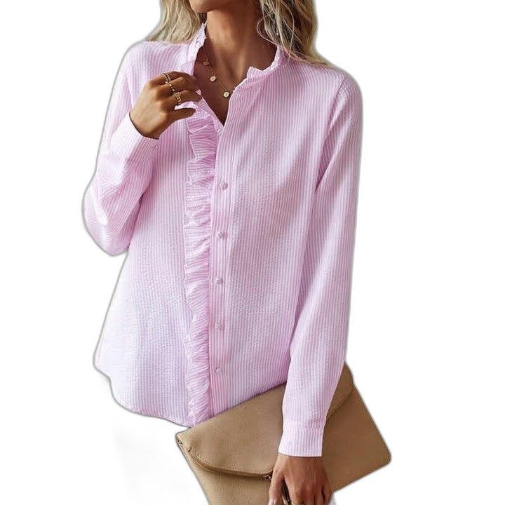Effortless Striped Blouse for Women with Collared Long Sleeve Ruffle Button Front Casual Style