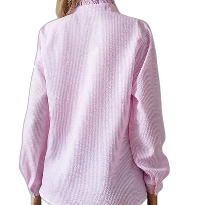 Effortless Striped Blouse for Women with Collared Long Sleeve Ruffle Button Front Casual Style