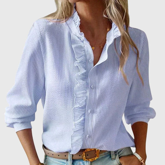 Effortless Striped Blouse for Women with Collared Long Sleeve Ruffle Button Front Casual Style