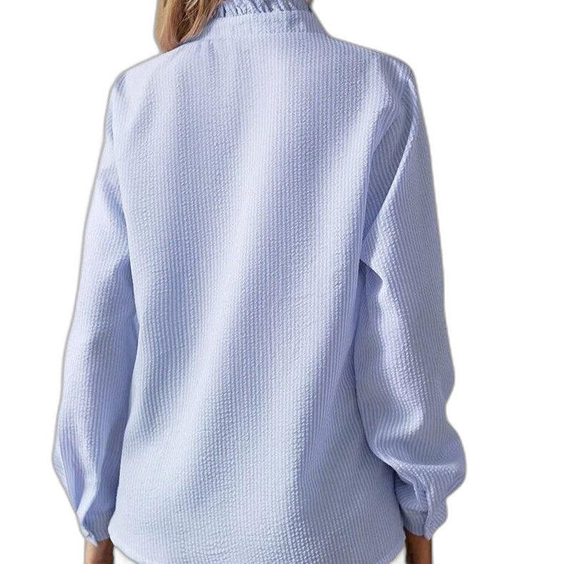 Effortless Striped Blouse for Women with Collared Long Sleeve Ruffle Button Front Casual Style