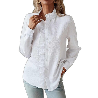 Effortless Striped Blouse for Women with Collared Long Sleeve Ruffle Button Front Casual Style