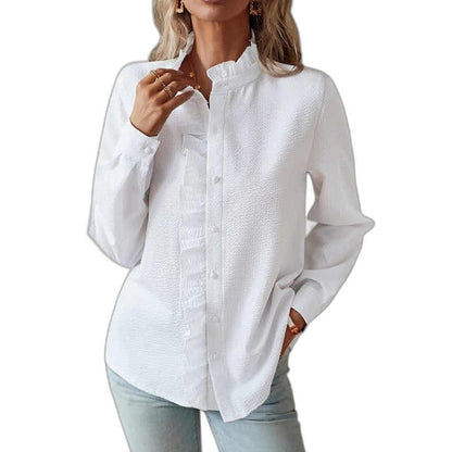 Effortless Striped Blouse for Women with Collared Long Sleeve Ruffle Button Front Casual Style