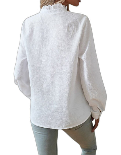 Effortless Striped Blouse for Women with Collared Long Sleeve Ruffle Button Front Casual Style