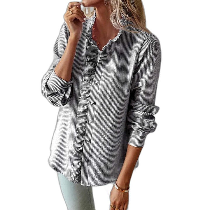 Effortless Striped Blouse for Women with Collared Long Sleeve Ruffle Button Front Casual Style