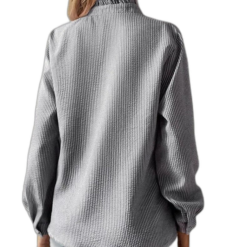 Effortless Striped Blouse for Women with Collared Long Sleeve Ruffle Button Front Casual Style