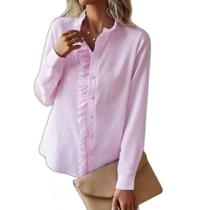 Effortless Striped Blouse for Women with Collared Long Sleeve Ruffle Button Front Casual Style