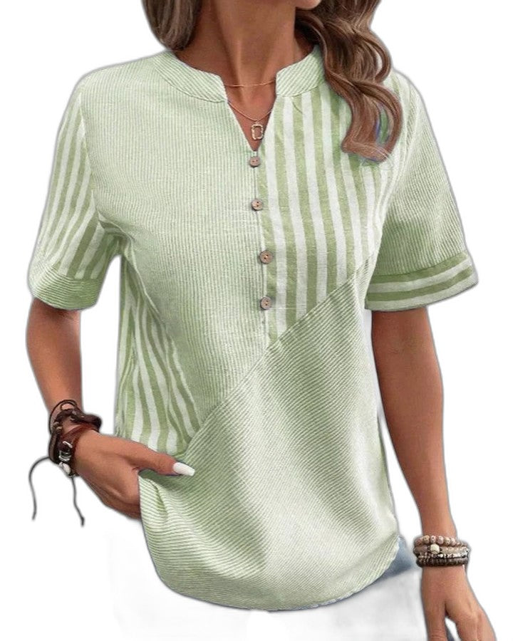 Effortless Striped Blouse for Women with Collared Short Sleeve Button Front Casual Style