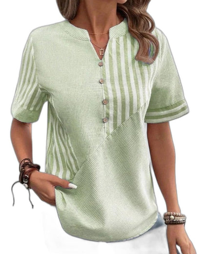 Effortless Striped Blouse for Women with Collared Short Sleeve Button Front Casual Style
