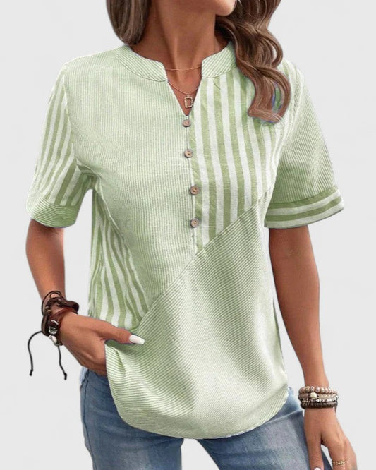 Effortless Striped Blouse for Women with Collared Short Sleeve Button Front Casual Style