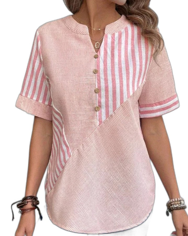 Effortless Striped Blouse for Women with Collared Short Sleeve Button Front Casual Style