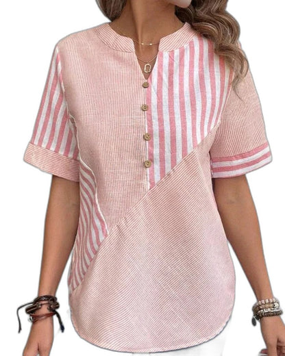 Effortless Striped Blouse for Women with Collared Short Sleeve Button Front Casual Style