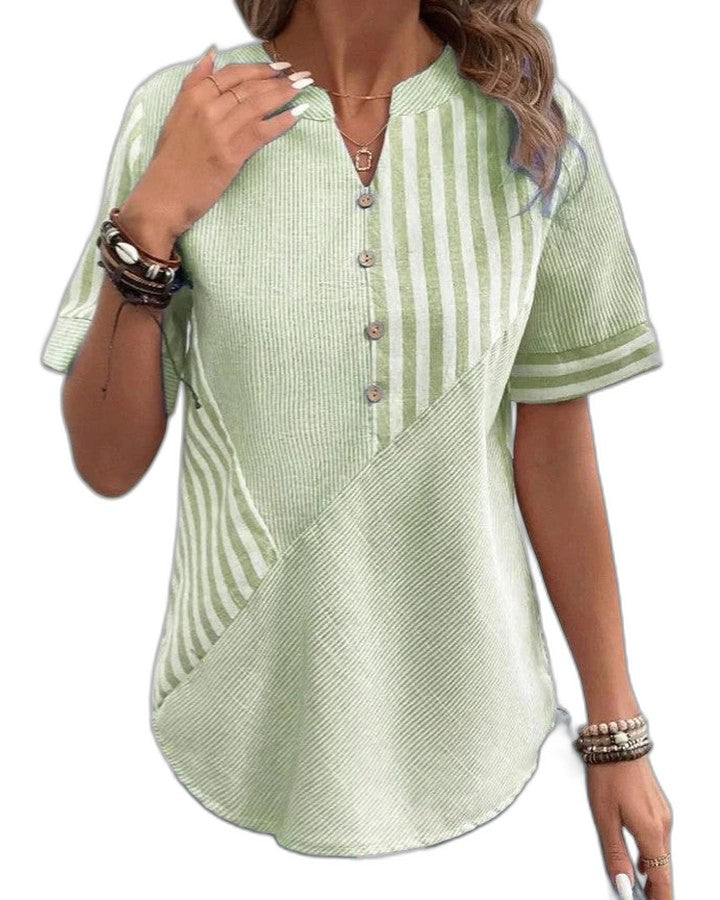 Effortless Striped Blouse for Women with Collared Short Sleeve Button Front Casual Style