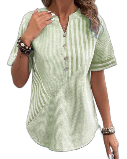 Effortless Striped Blouse for Women with Collared Short Sleeve Button Front Casual Style
