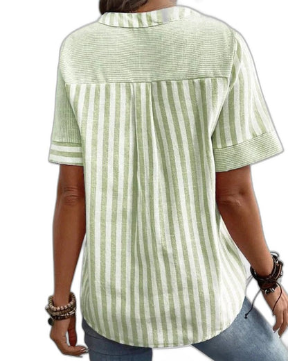 Effortless Striped Blouse for Women with Collared Short Sleeve Button Front Casual Style