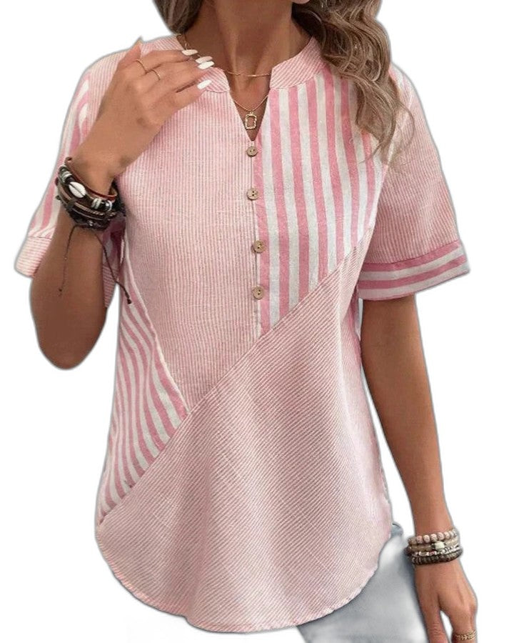 Effortless Striped Blouse for Women with Collared Short Sleeve Button Front Casual Style