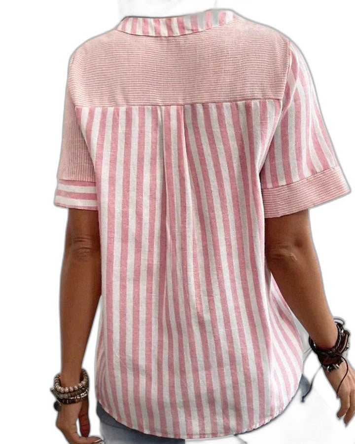 Effortless Striped Blouse for Women with Collared Short Sleeve Button Front Casual Style