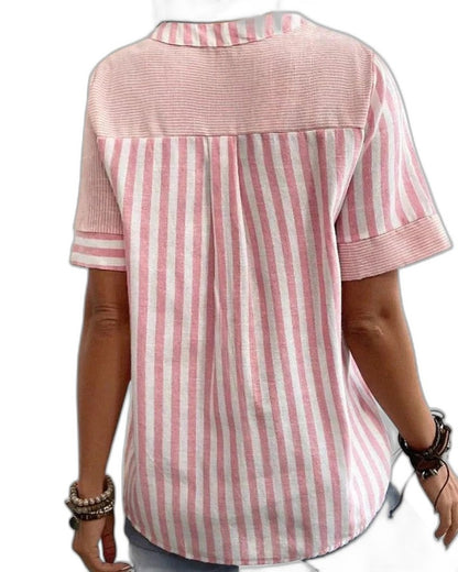 Effortless Striped Blouse for Women with Collared Short Sleeve Button Front Casual Style