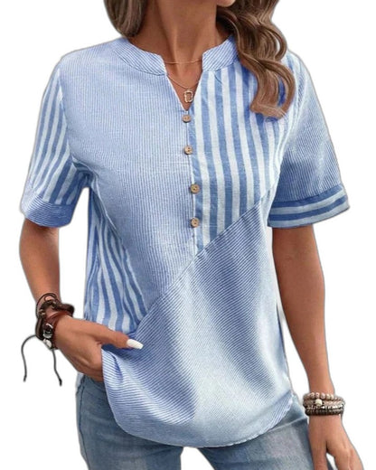 Effortless Striped Blouse for Women with Collared Short Sleeve Button Front Casual Style