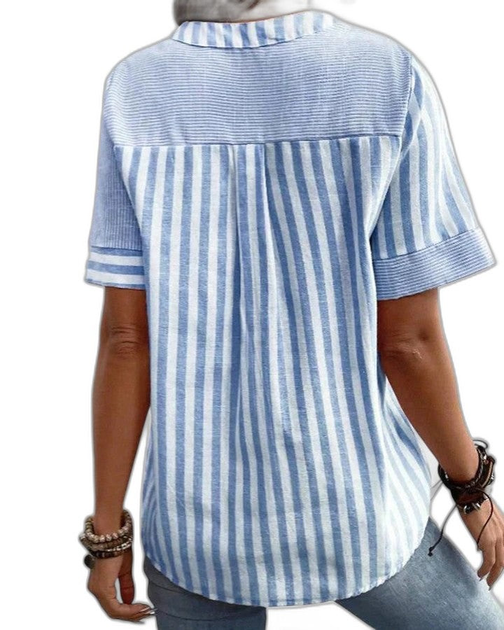 Effortless Striped Blouse for Women with Collared Short Sleeve Button Front Casual Style