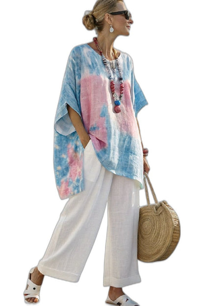 Effortless Striped Blouse for Women with Crew Neck Elbow Sleeve Flowing Oversized Casual Style