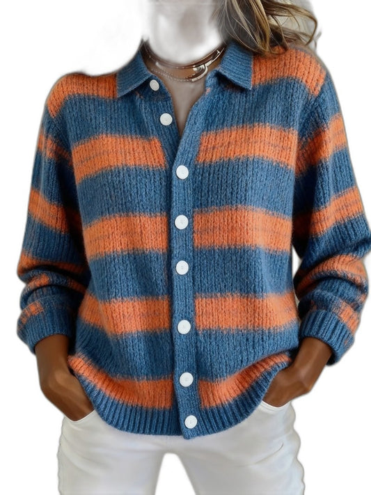 Effortless Striped Cardigan Sweater for Women with Collared Long Sleeve Button Front Casual Style