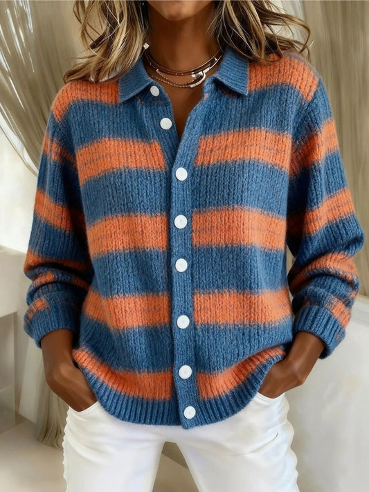 Effortless Striped Cardigan Sweater for Women with Collared Long Sleeve Button Front Casual Style
