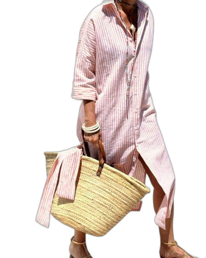 Effortless Striped Maxi Dress for Women with Collared Long Sleeve Button Front Flowing Casual Style