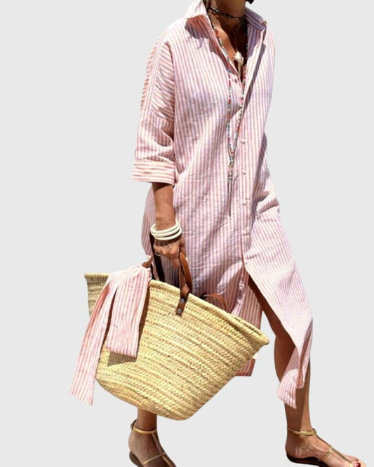 Effortless Striped Maxi Dress for Women with Collared Long Sleeve Button Front Flowing Casual Style