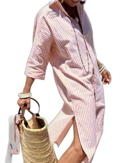 Effortless Striped Maxi Dress for Women with Collared Long Sleeve Button Front Flowing Casual Style