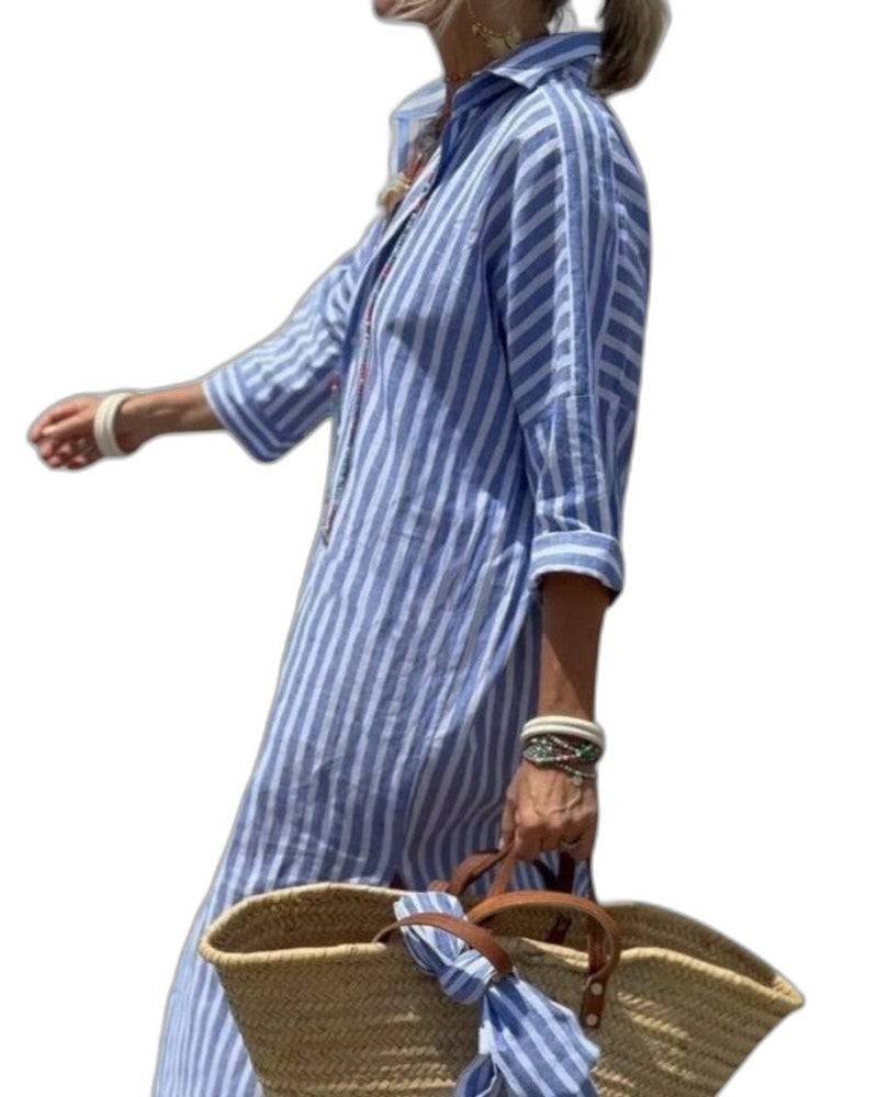 Effortless Striped Maxi Dress for Women with Collared Long Sleeve Button Front Flowing Casual Style