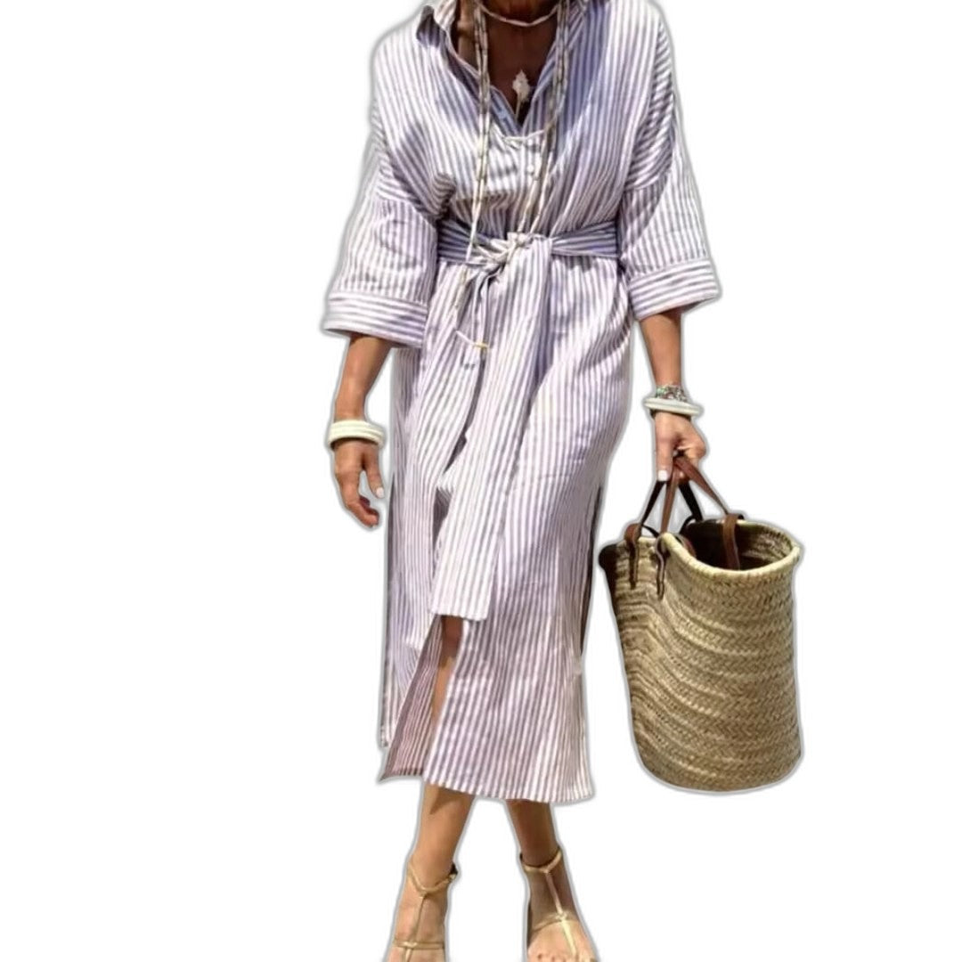 Effortless Striped Maxi Dress for Women with Collared Long Sleeve Button Front Flowing Casual Style