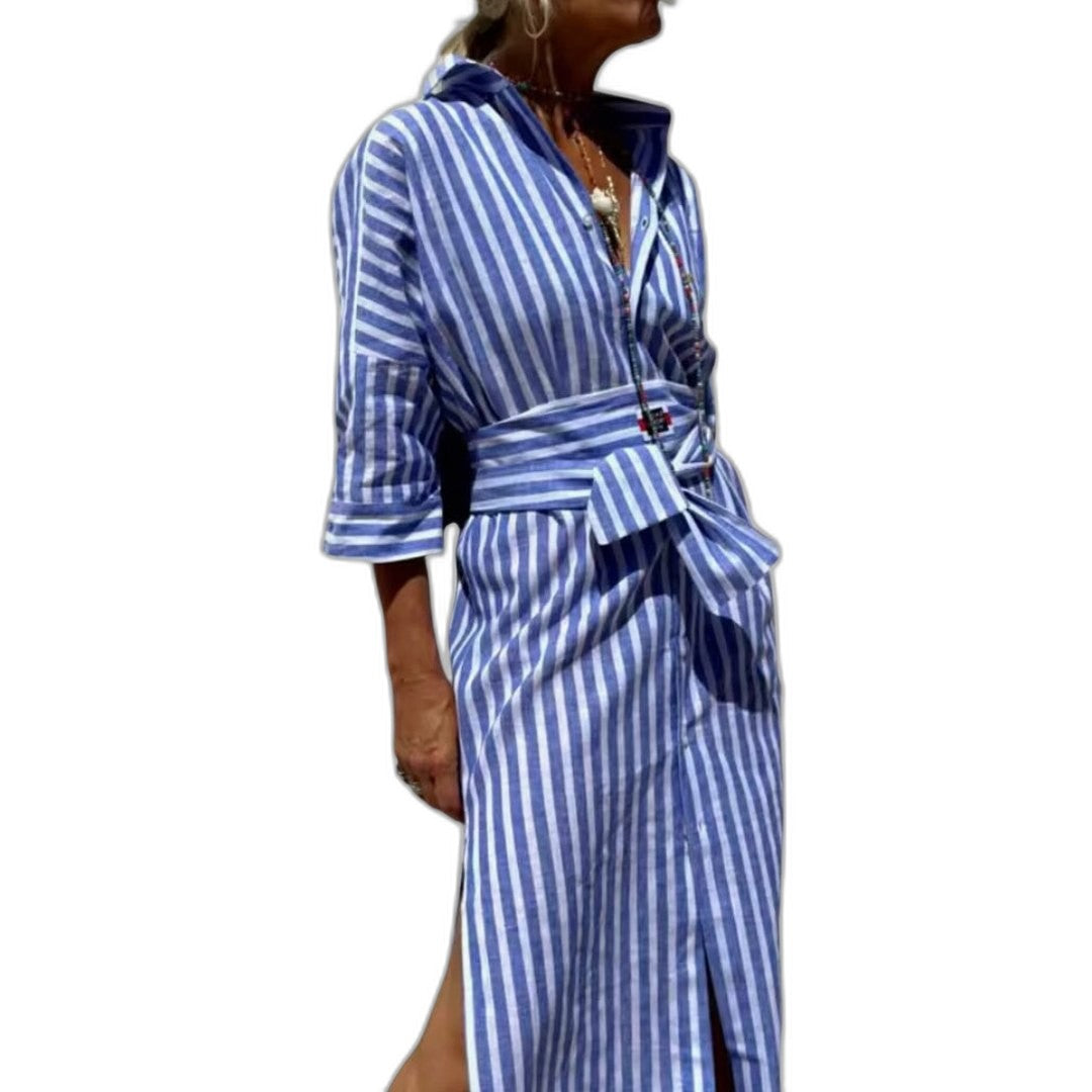 Effortless Striped Maxi Dress for Women with Collared Long Sleeve Button Front Flowing Casual Style