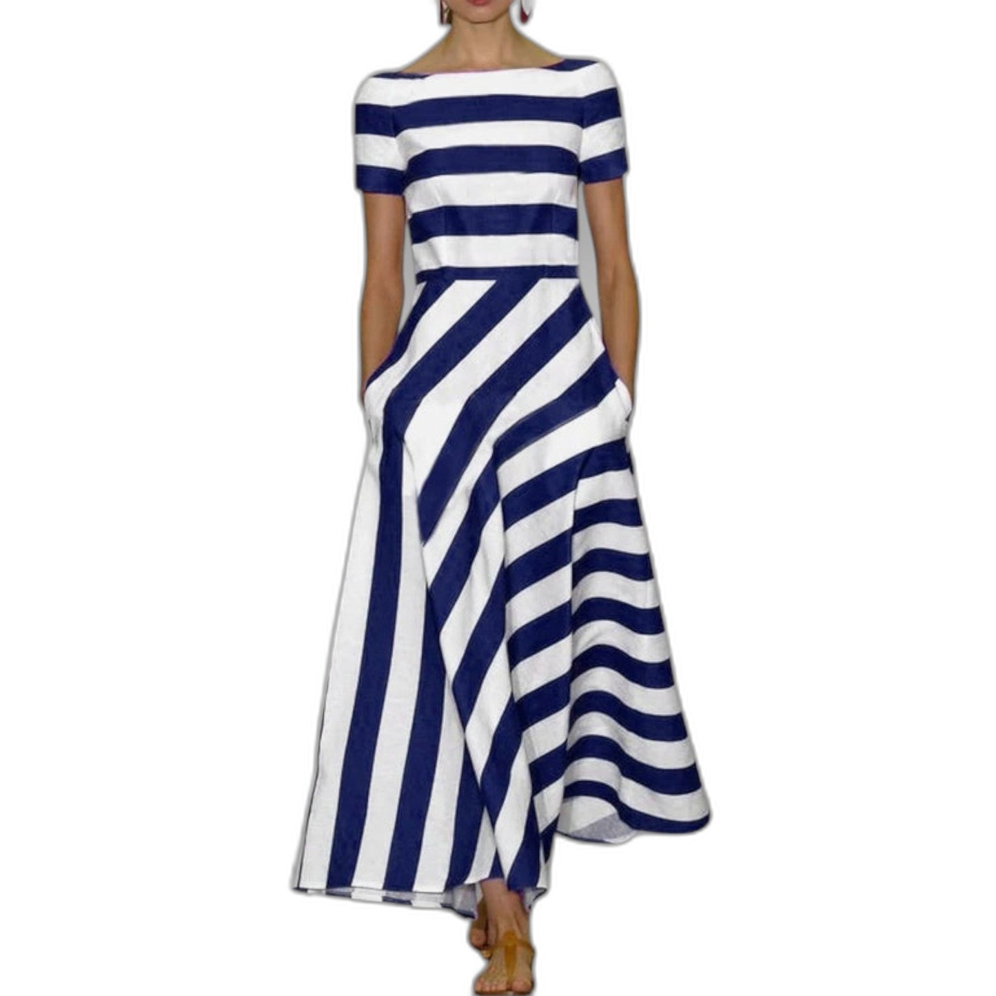 Effortless Striped Maxi Dress for Women with Off Shoulder Short Sleeve A Line Flowing Casual Style