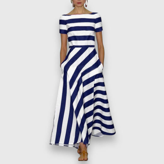 Effortless Striped Maxi Dress for Women with Off Shoulder Short Sleeve A Line Flowing Casual Style