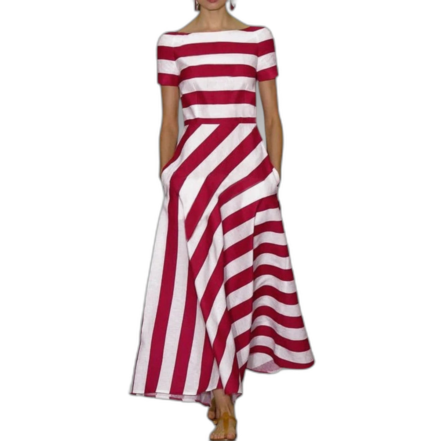 Effortless Striped Maxi Dress for Women with Off Shoulder Short Sleeve A Line Flowing Casual Style