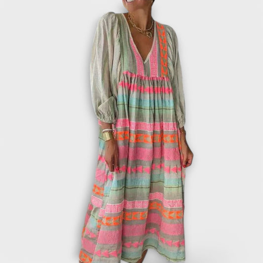 Effortless Striped Maxi Dress for Women with V Neck Long Sleeve Tiered Flowing Casual Style