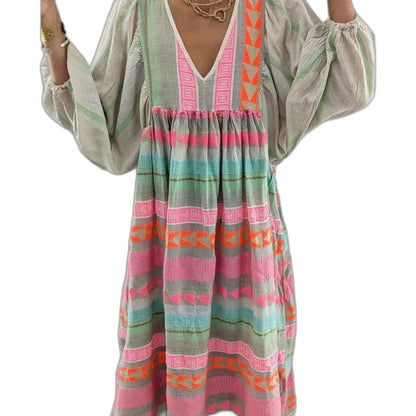 Effortless Striped Maxi Dress for Women with V Neck Long Sleeve Tiered Flowing Casual Style